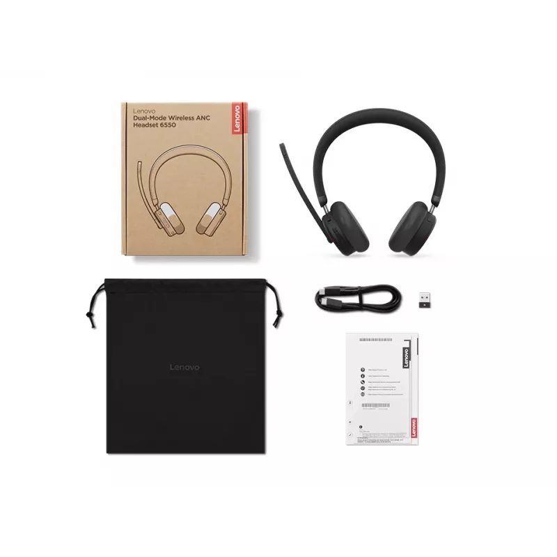 Headset com ANC Lenovo 6550 sem fios arco de cabeça escritório/callcenter USB Type-C Bluetooth preto