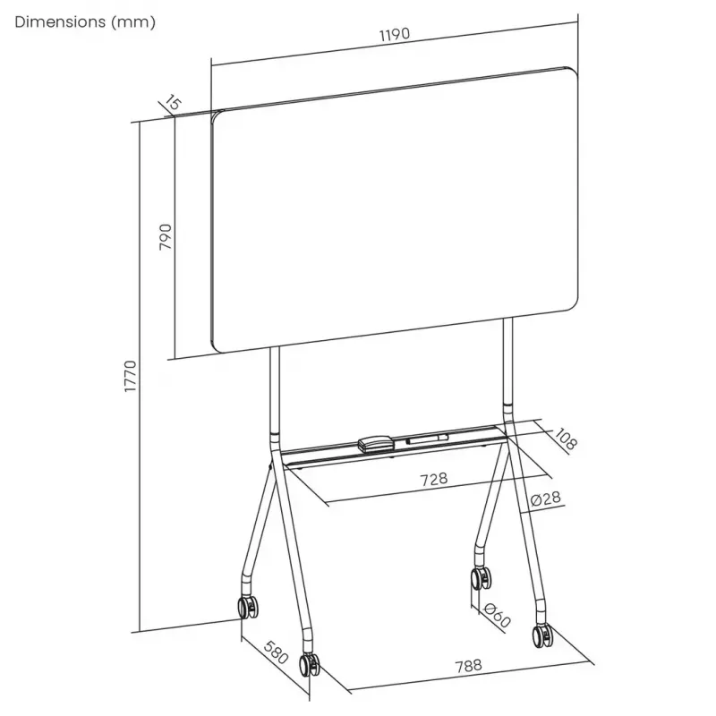 Quadro branco ergo office ER-306 — quadro horizontal de um lado apagável a seco, 1190×790 mm, independente em aço com rodas, magnético