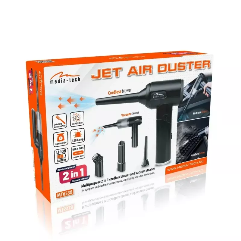 Mini soprador MEDIA-TECH MT6538 2 EM 1 Jet Air Duster — aspirador de mão sem fios, 2000 mAh, 65 W, 2500 l/min, 7000 Pa