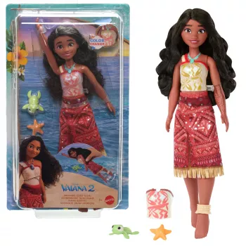 Brinquedo Disney Vaiana 2, boneca Vaiana Tautai flutuante com 2 acessórios e parte superior muda de cor