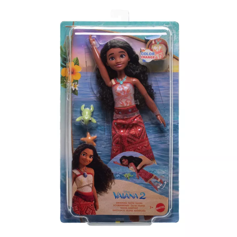 Brinquedo Disney Vaiana 2, boneca Vaiana Tautai flutuante com 2 acessórios e parte superior muda de cor
