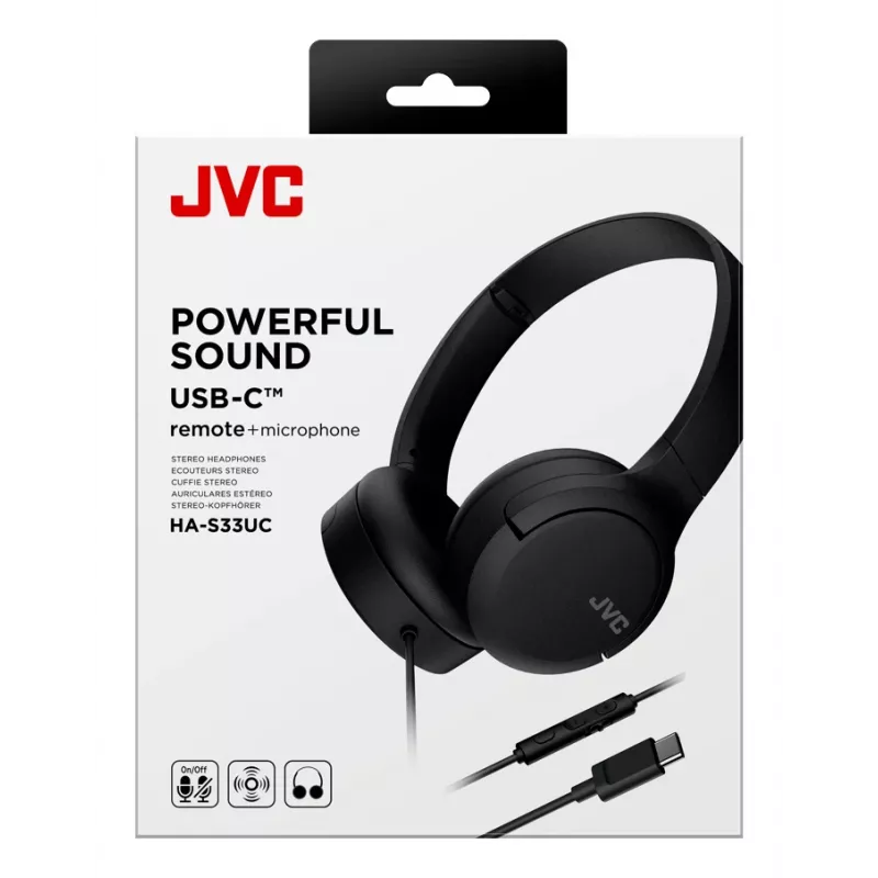 JVC HA-S33UC-BU auscultadores supra-auriculares com fio, USB-C, microfone e telecomando, cabo de 1,2 m, pretos