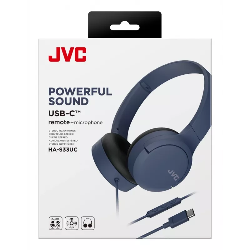 Auscultadores on-ear com fio JVC HA-S33UC-AU USB-C com microfone e comando, cabo de 1,2 m, azul