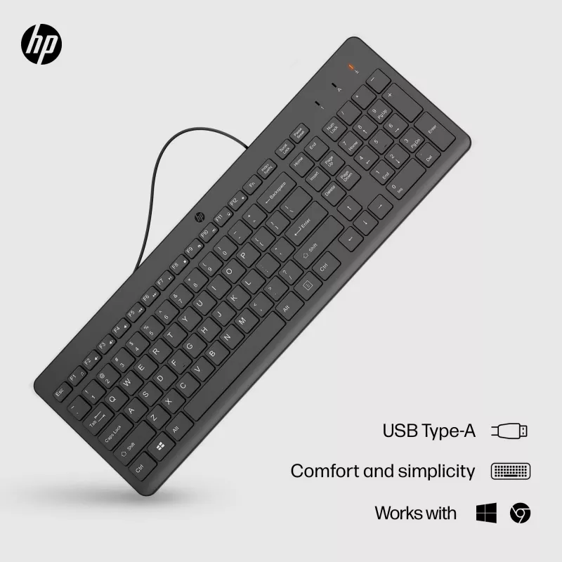 Teclado com fios HP 150, tamanho completo (100%), com fios, USB, mecânico, QWERTY, preto