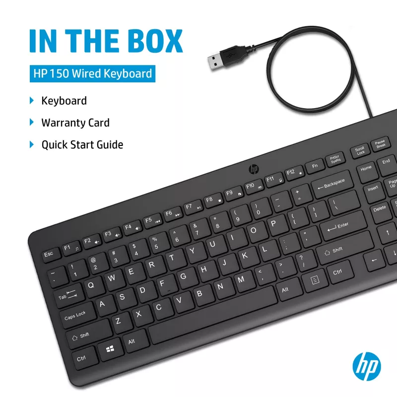 Teclado com fios HP 150, tamanho completo (100%), com fios, USB, mecânico, QWERTY, preto