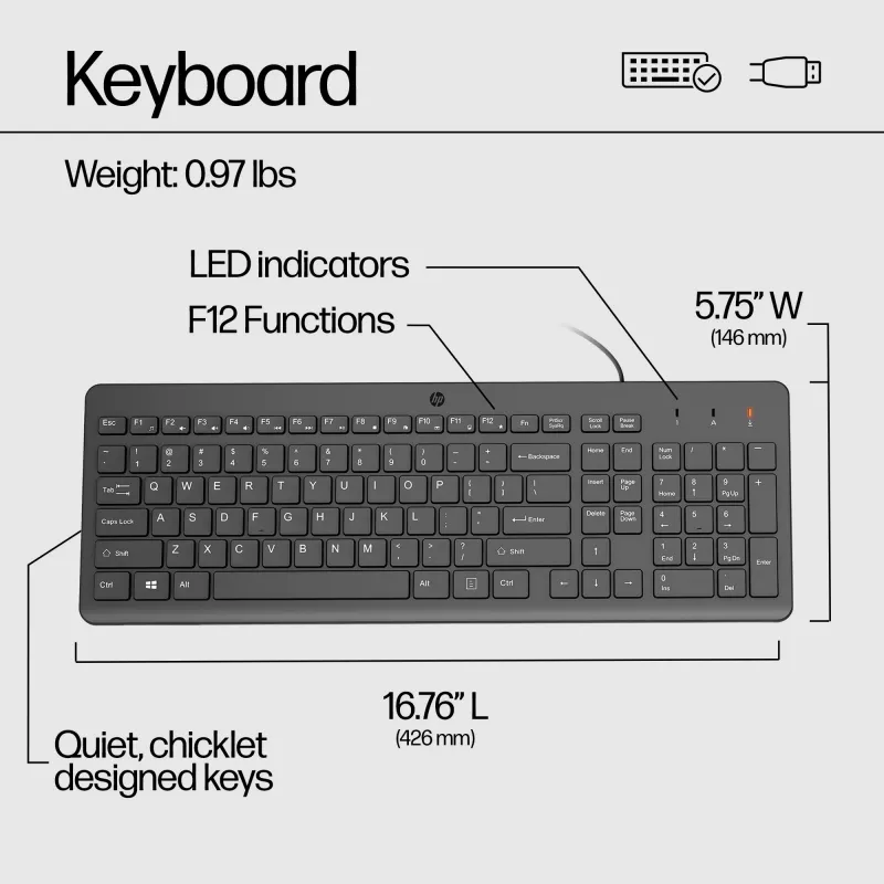 Teclado com fios HP 150, tamanho completo (100%), com fios, USB, mecânico, QWERTY, preto