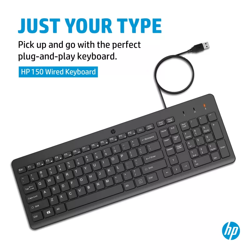 Teclado com fios HP 150, tamanho completo (100%), com fios, USB, mecânico, QWERTY, preto