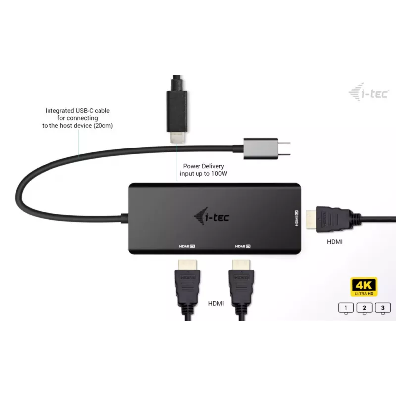 Adaptador de vídeo i-tec USB-C Triple 4K HDMI, Power Delivery 100W