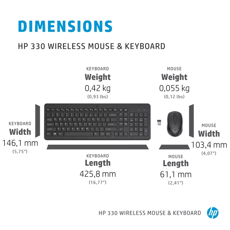 Conjunto de rato e teclado sem fios HP 330, tamanho completo (100 %), sem fios, RF Wireless, QWERTY, preto, rato incluído