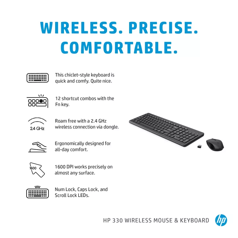 Conjunto de rato e teclado sem fios HP 330, tamanho completo (100 %), sem fios, RF Wireless, QWERTY, preto, rato incluído