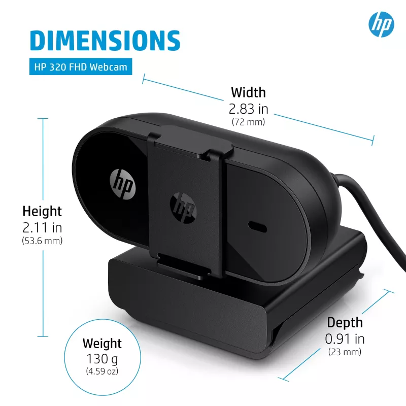 Webcam HP 320 FHD, 1920 x 1080 píxeis, Full HD, 30 fps, casa, USB, preto