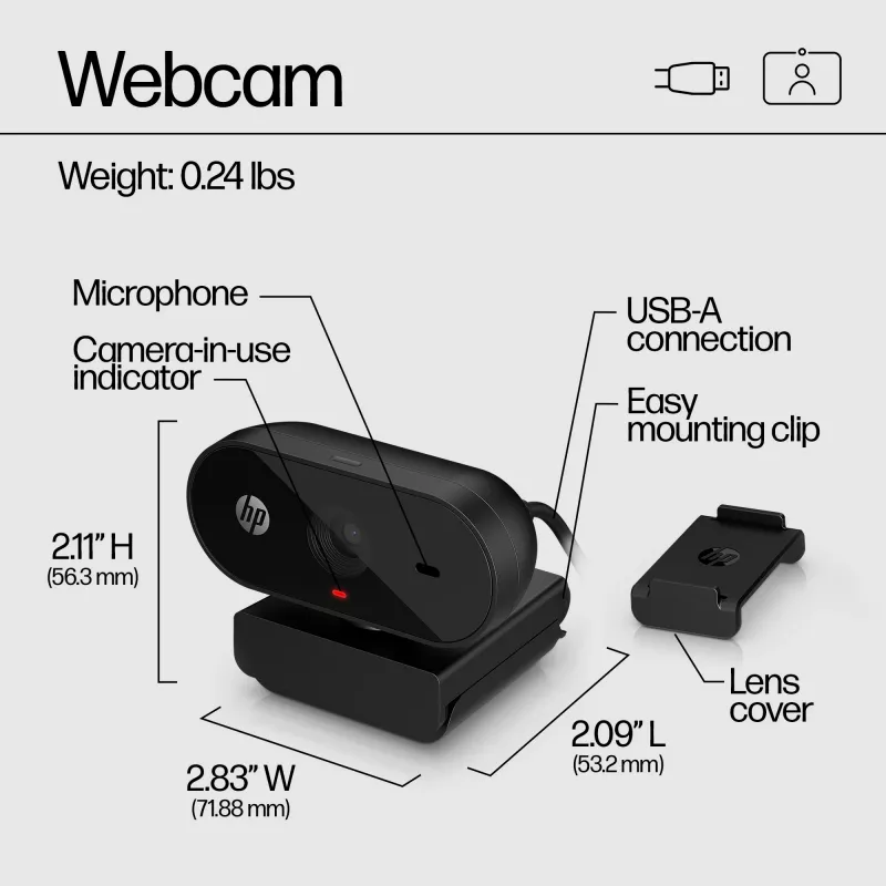 Webcam HP 320 FHD, 1920 x 1080 píxeis, Full HD, 30 fps, casa, USB, preto
