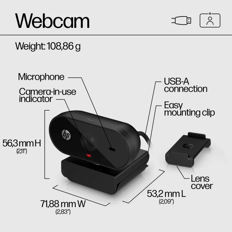 Webcam HP 320 FHD, 1920 x 1080 píxeis, Full HD, 30 fps, casa, USB, preto