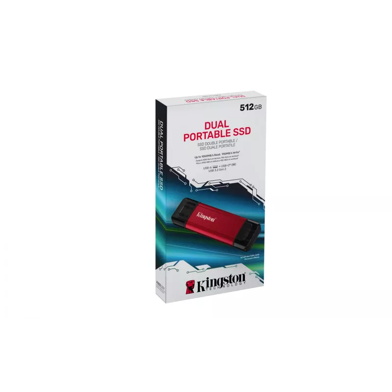 SSD externo Kingston 512 GB Dual USB-A/USB-C portátil, USB 3.2 Gen 2, leitura 1050 MB/s, escrita 950 MB/s, preto/vermelho