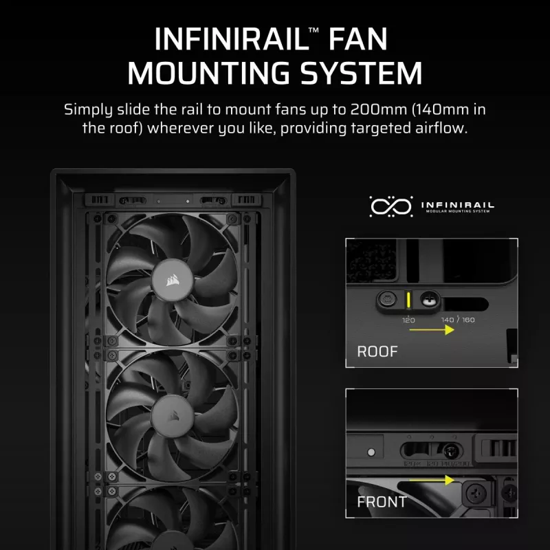 Caixa PC midi tower CORSAIR FRAME 5000D RS — preto, suporte ATX/EATX, 3 ventoinhas frontais de 140 mm, vidro temperado, 250×556×542 mm