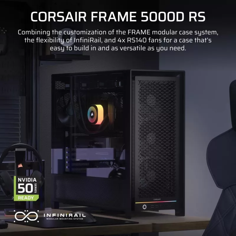 Caixa PC midi tower CORSAIR FRAME 5000D RS — preto, suporte ATX/EATX, 3 ventoinhas frontais de 140 mm, vidro temperado, 250×556×542 mm