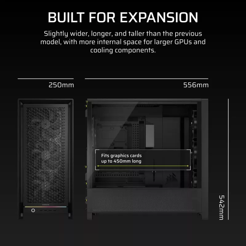 Caixa PC midi tower CORSAIR FRAME 5000D RS — preto, suporte ATX/EATX, 3 ventoinhas frontais de 140 mm, vidro temperado, 250×556×542 mm