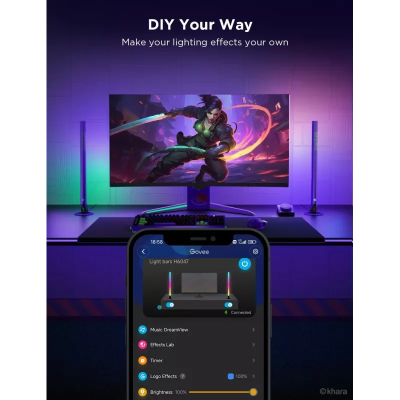 Conjunto de iluminação inteligente Govee H6047, Wi‑Fi/Bluetooth, 12V 24W, preto, 5 unid.