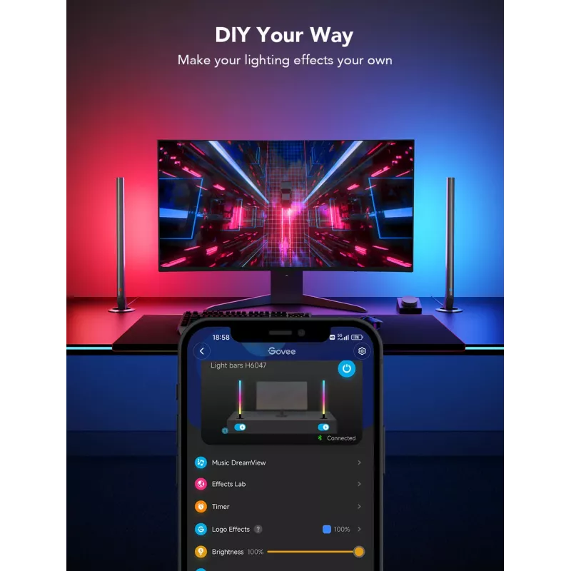 Conjunto de iluminação inteligente Govee H6047, Wi‑Fi/Bluetooth, 12V 24W, preto, 5 unid.