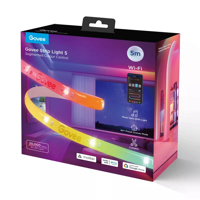 Fita LED inteligente Govee Strip Light S 5m – WLAN/Bluetooth, RGBIC, 5.000 mm, branco