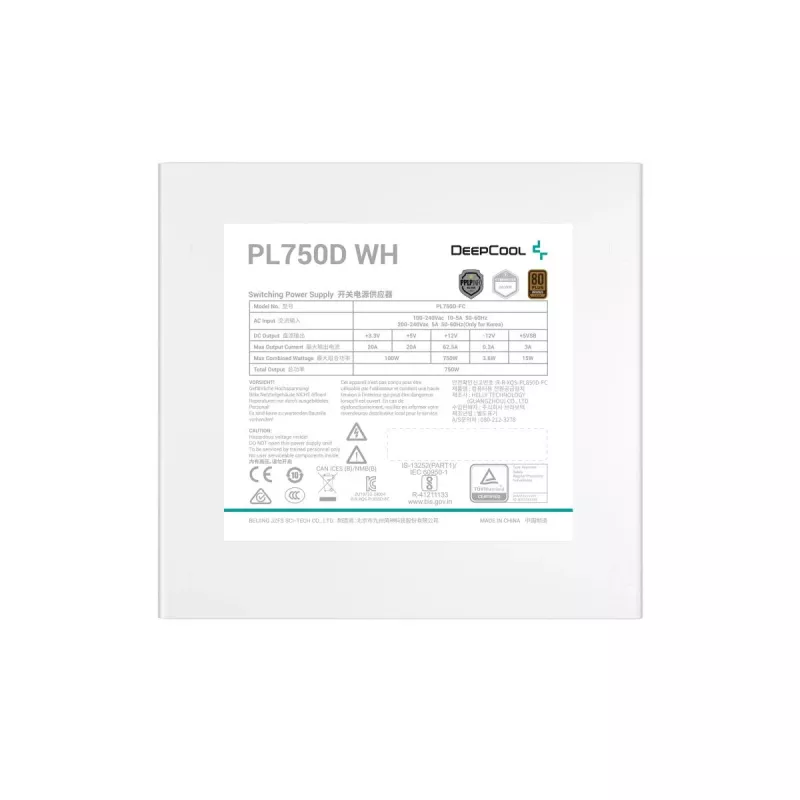 Fonte de alimentação DeepCool PL750D WH — 750 W, ATX 20+4-Pin, 80 PLUS Bronze, ventoinha de 120 mm, branco