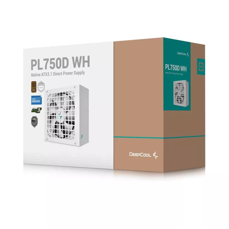 Fonte de alimentação DeepCool PL750D WH — 750 W, ATX 20+4-Pin, 80 PLUS Bronze, ventoinha de 120 mm, branco