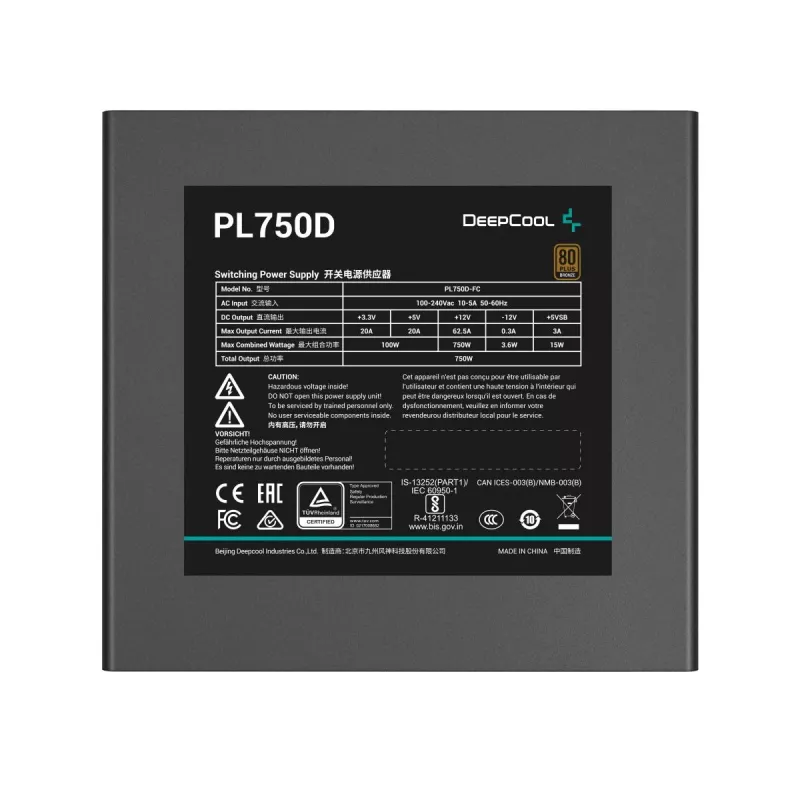 Fonte de alimentação DeepCool PL750D 750 W ATX 3.0 80 PLUS Bronze, ventoinha de 120 mm, 20+4-Pin, preto