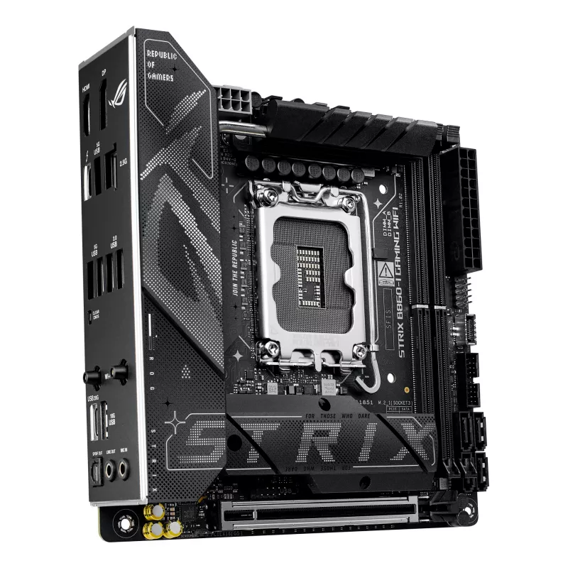 Motherboard ASUS ROG STRIX B860-I GAMING WIFI — Intel B860, LGA 1851, mini ITX, 2× DDR5 DIMM (até 128 GB), Wi‑Fi 7, 2.5Gb LAN