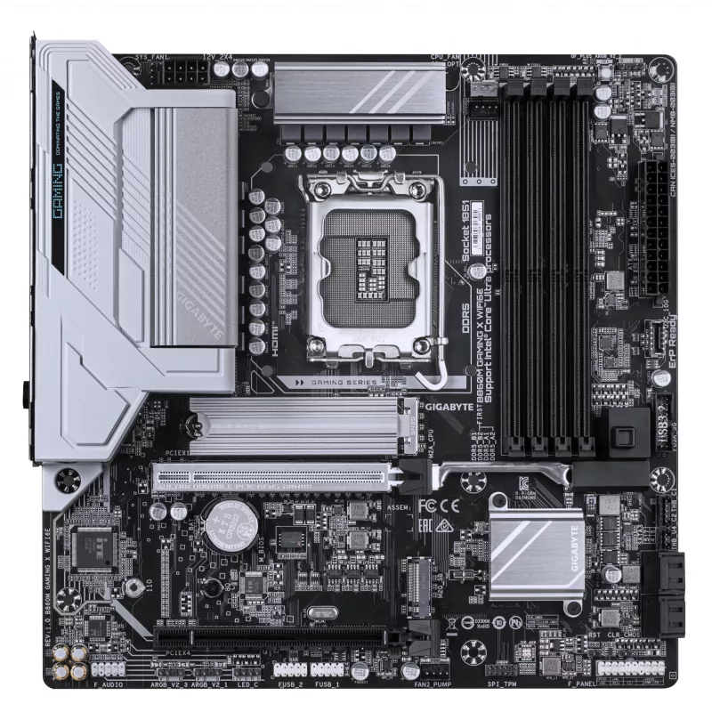 Motherboard GIGABYTE B860M GAMING X WIFI6E - CPUs Intel Core Ultra Series, VRM 8+1+2+2 fases, até 9200MHz DDR5, 1xPCIe 5.0 + 1xPCIe 4.0 M.2, 2.5GbE LAN, WIFI 6E, USB 4