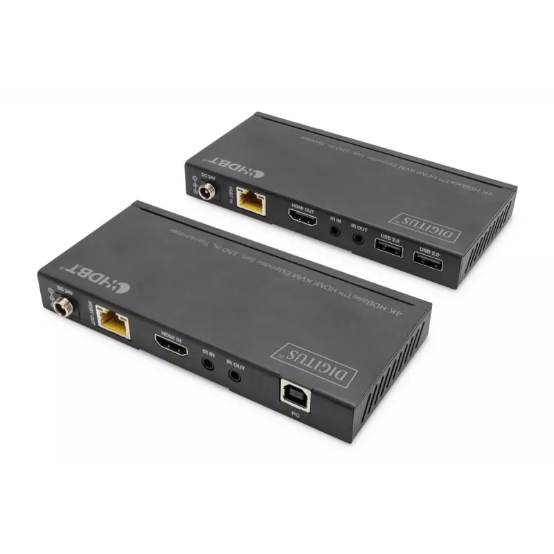 Conjunto extensor KVM HDBaseT DIGITUS. 150m 4K/60Hz. USB 2.0. PoC. IR. Preto