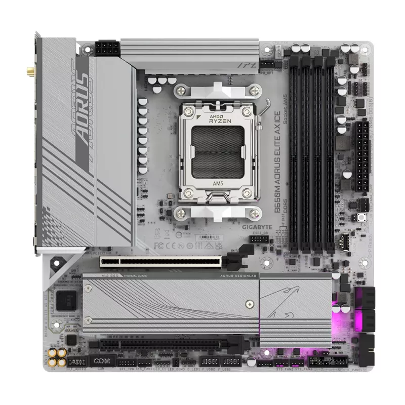 GIGABYTE B650M AORUS ELITE AX ICE Motherboard - CPUs AMD Ryzen série 9000, VRM 12+2+2 fases, até 8000 MHz DDR5 (OC), 1xPCIe 5.0 + 1xPCIe 4.0 M.2, LAN 2,5 GbE, WLAN 6E, USB 3.2 Gen 2x2