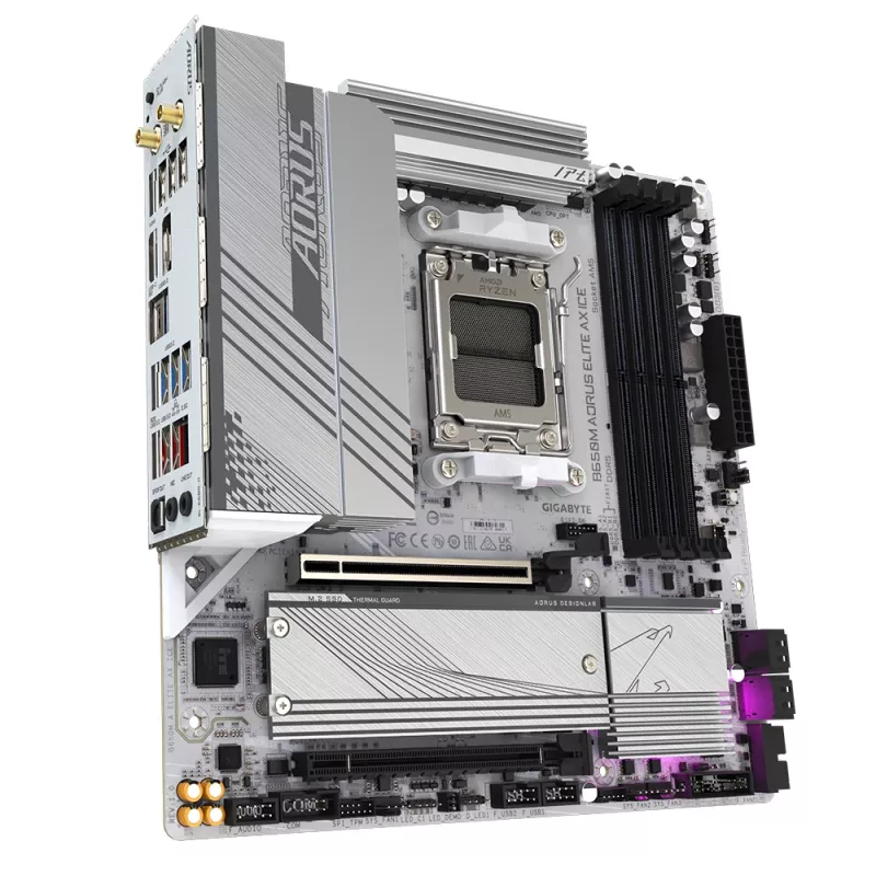 GIGABYTE B650M AORUS ELITE AX ICE Motherboard - CPUs AMD Ryzen série 9000, VRM 12+2+2 fases, até 8000 MHz DDR5 (OC), 1xPCIe 5.0 + 1xPCIe 4.0 M.2, LAN 2,5 GbE, WLAN 6E, USB 3.2 Gen 2x2