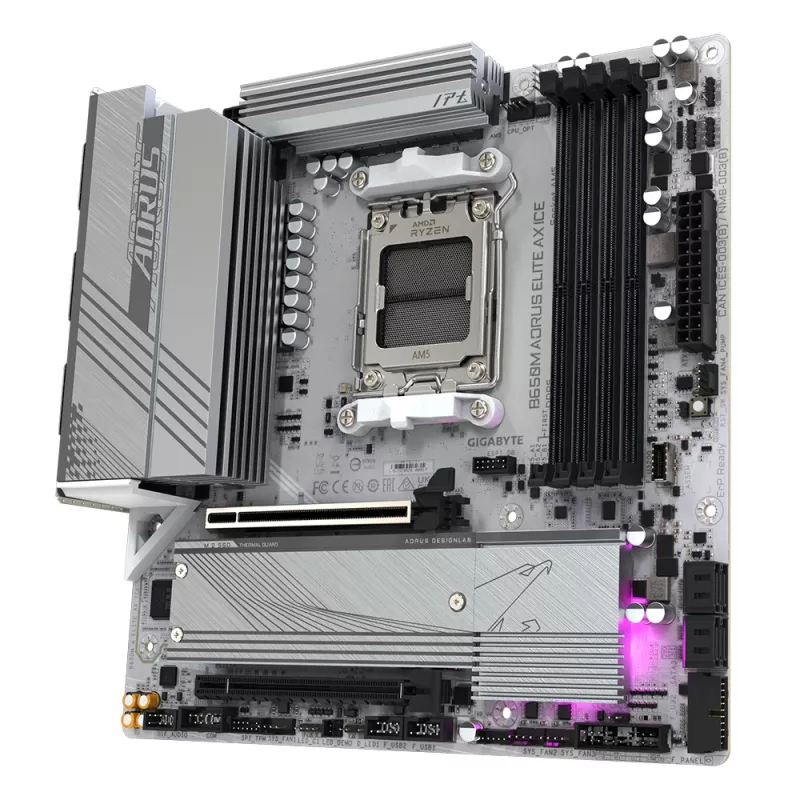 GIGABYTE B650M AORUS ELITE AX ICE Motherboard - CPUs AMD Ryzen série 9000, VRM 12+2+2 fases, até 8000 MHz DDR5 (OC), 1xPCIe 5.0 + 1xPCIe 4.0 M.2, LAN 2,5 GbE, WLAN 6E, USB 3.2 Gen 2x2