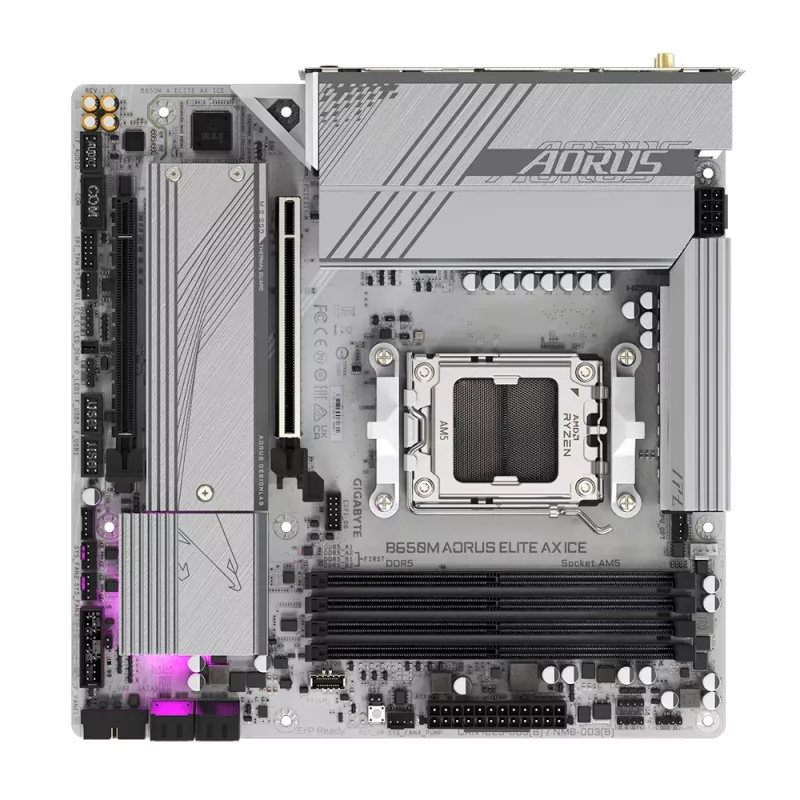 GIGABYTE B650M AORUS ELITE AX ICE Motherboard - CPUs AMD Ryzen série 9000, VRM 12+2+2 fases, até 8000 MHz DDR5 (OC), 1xPCIe 5.0 + 1xPCIe 4.0 M.2, LAN 2,5 GbE, WLAN 6E, USB 3.2 Gen 2x2