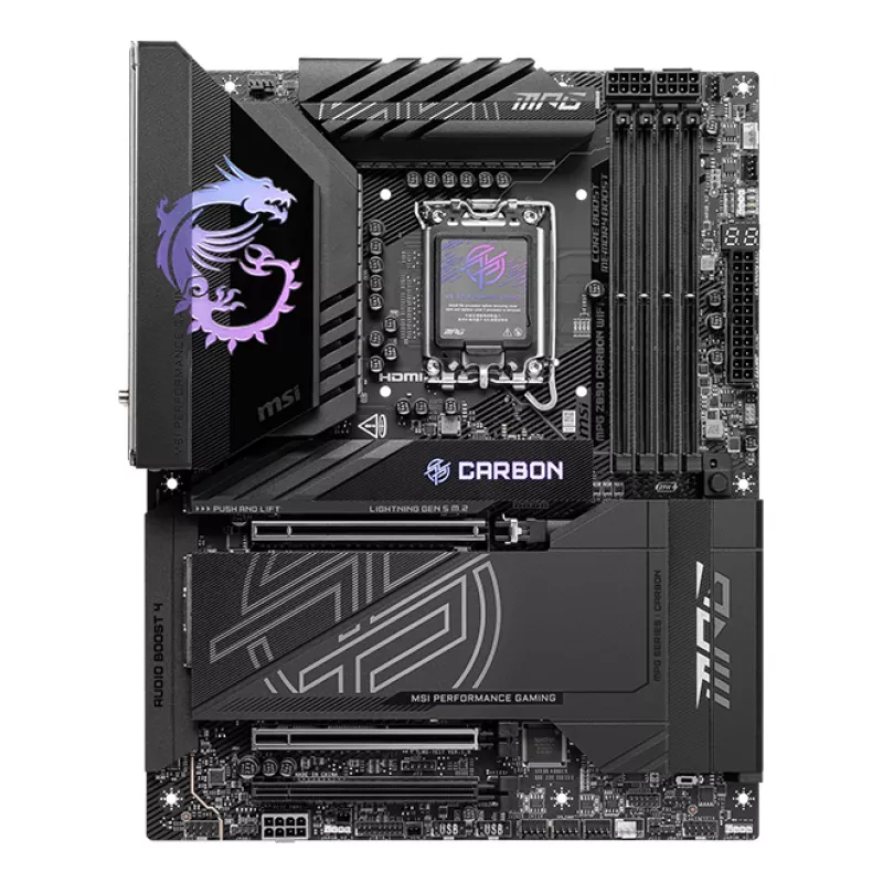 Motherboard MSI MPG Z890 CARBON WIFI ATX — Intel LGA1851, Z890, DDR5, 4x DIMM, 5x M.2, Wi‑Fi 7, LAN 2,5Gb