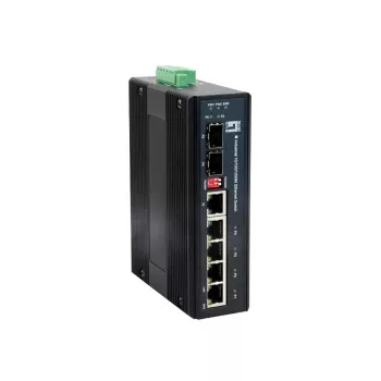 Switch Industrial LevelOne 6 portas Gigabit, 1 x SFP, 1 x SFP/RJ45 Combo, -40 °C a 75 °C, calha DIN