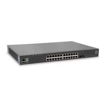 Switch Gigabit Gerido L3 Empilhável LevelOne KILBY 28 portas, 2 x 10GbE SFP+, 1 x slot de módulo 10GbE