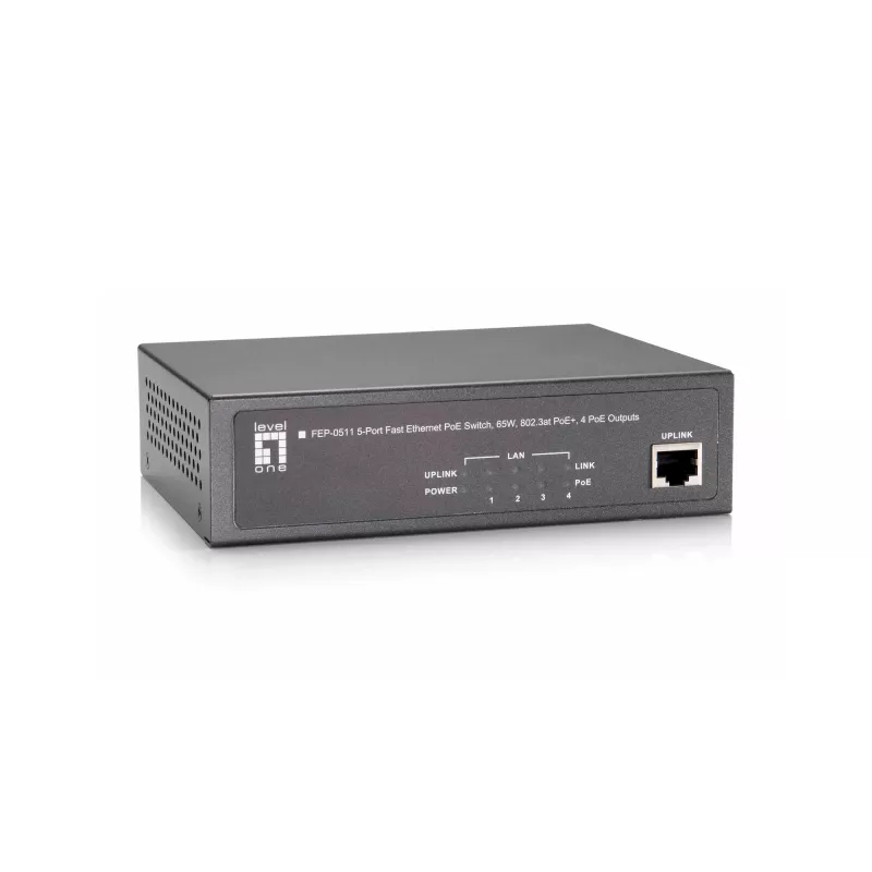 Switch PoE Fast Ethernet LevelOne de 5 portas, 802.3at/af PoE, 4 saídas PoE, 65W