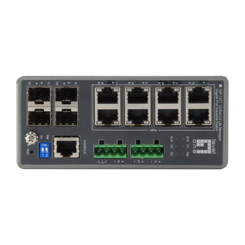 LevelOne IGP-1271 TURING switch industrial gerido L3 Lite Gigabit PoE+, 12 portas (8 x PoE+, 4 x SFP), 240 W, calha DIN, DC