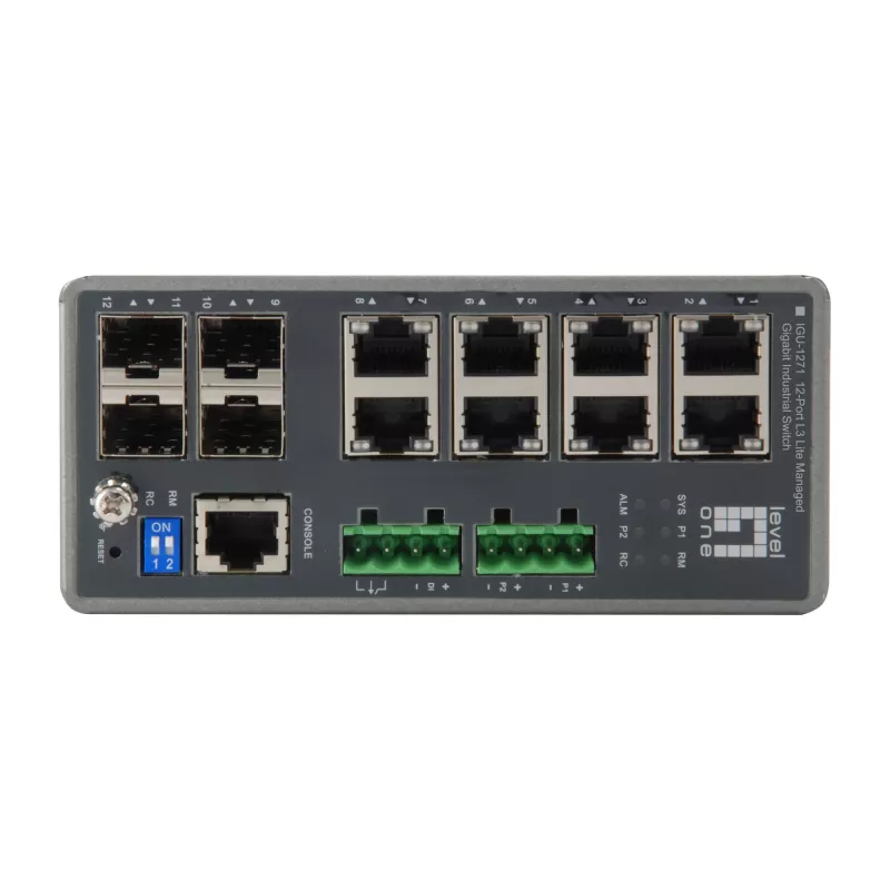 LevelOne IGU-1271 TURING switch industrial gerido L3 Lite Gigabit, 12 portas (8 x RJ45, 4 x SFP), calha DIN, DC