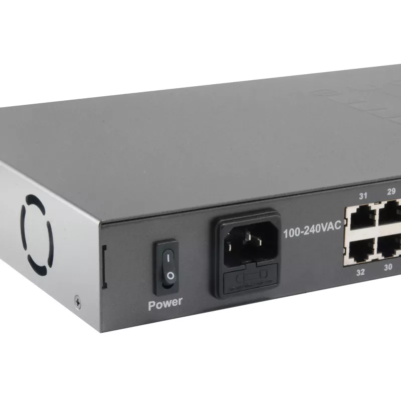 Switch PoE Fast Ethernet LevelOne de 34 portas, 802.3at/af PoE, 32 saídas PoE, 2 x Gigabit RJ45, 250W