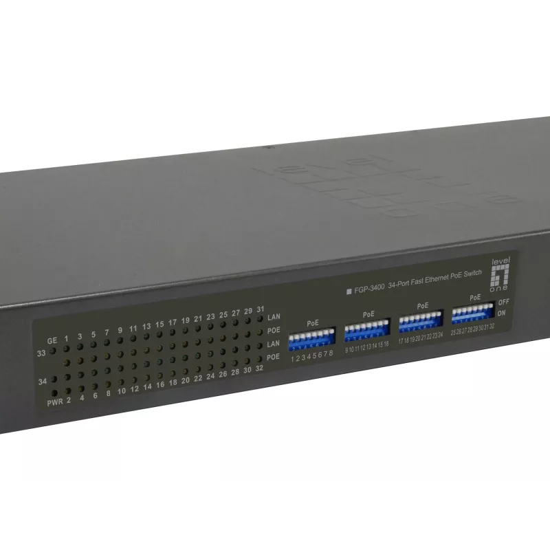 Switch PoE Fast Ethernet LevelOne de 34 portas, 802.3at/af PoE, 32 saídas PoE, 2 x Gigabit RJ45, 380W