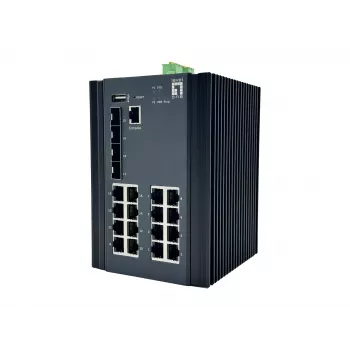 Switch industrial Gigabit gerido L2 Plus LevelOne 20 portas, 16x 1GbE RJ45, 4x 1/2.5GbE SFP, calha DIN, -40 °C a 80 °C