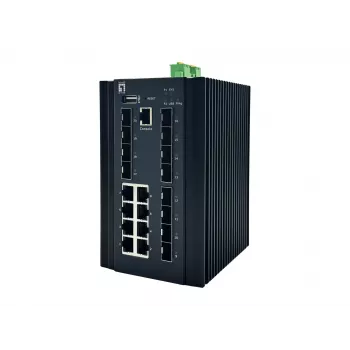 Switch industrial gerido L2 Plus LevelOne 20 portas, 8 x 1GbE RJ45, 8 x 1GbE SFP, 4 x 1/2.5GbE SFP, calha DIN, -40 °C a 80 °C