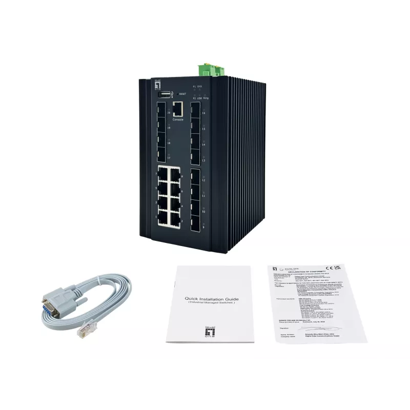Switch industrial gerido L2 Plus LevelOne 20 portas, 8 x 1GbE RJ45, 8 x 1GbE SFP, 4 x 1/2.5GbE SFP, calha DIN, -40 °C a 80 °C