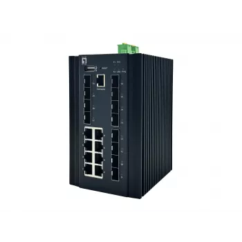 LevelOne Switch Industrial Gerido L2 Plus de 20 Portas, 8 x 1GbE RJ45, 8 x 1GbE SFP, 4 x 1/2.5/10GbE SFP+, Calha DIN, -40°C a 80°C