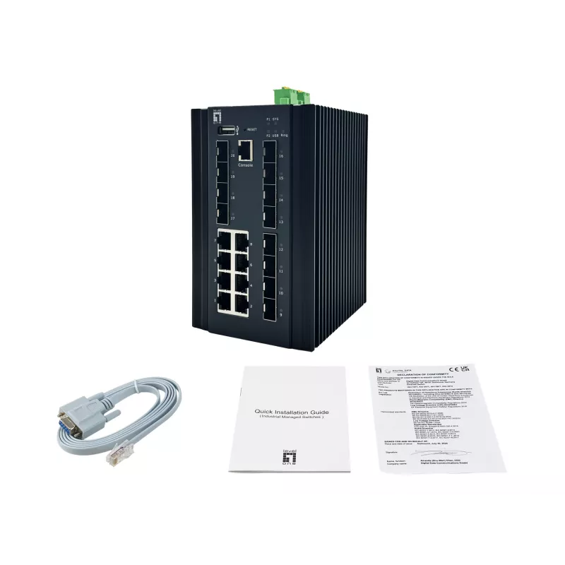 LevelOne Switch Industrial Gerido L2 Plus de 20 Portas, 8 x 1GbE RJ45, 8 x 1GbE SFP, 4 x 1/2.5/10GbE SFP+, Calha DIN, -40°C a 80°C