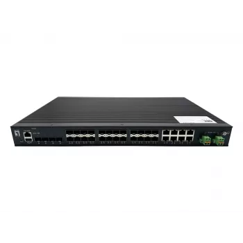 LevelOne Switch Industrial de Fibra Gerido L2 Plus de 28 Portas, 4x 1,25/2,5GbE SFP, 16x 1,25GbE SFP, 8x Gigabit SFP/RJ45 Combo, Alimentação Redundante, -40°C a 80°C