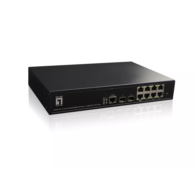 LevelOne KILBY Switch PoE Gerido L2 Gigabit de 10 Portas, 2 x SFP, 802.3at/af PoE, 125W, 8 Saídas PoE
