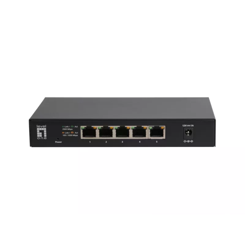 Switch Ethernet 2.5G não gerido de 5 portas LEVELONE GEU-0525 — 5× 2.5G RJ-45, não gerido, comutação 25 Gbit/s, montagem na parede
